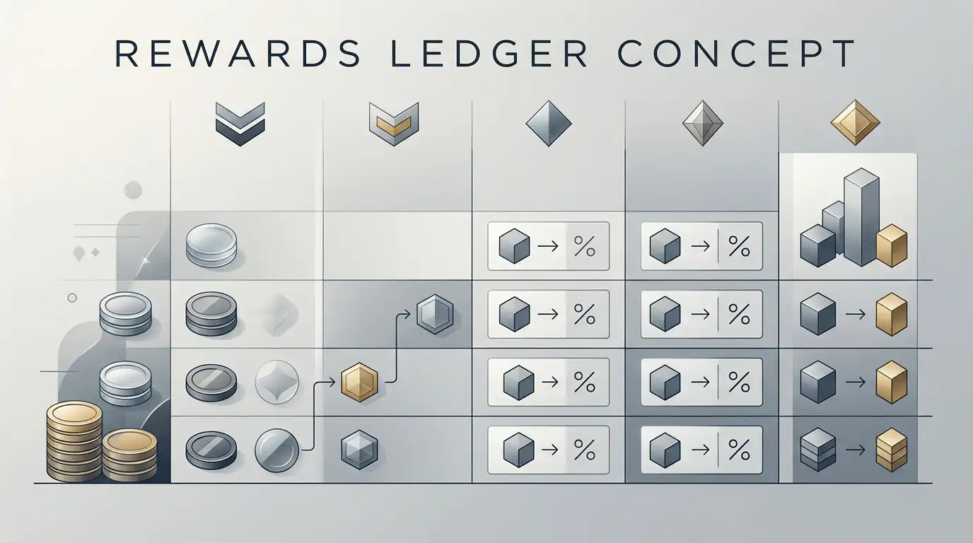 Abstract rewards ledger with tier markers and wagering calculations