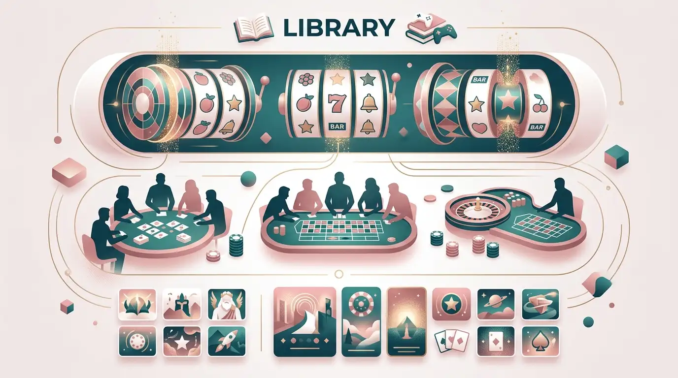 Abstract casino game library with cards, reels and digital game tiles
