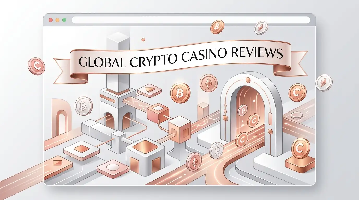 Abstract crypto casino interface with coins, game tiles and wallet symbols