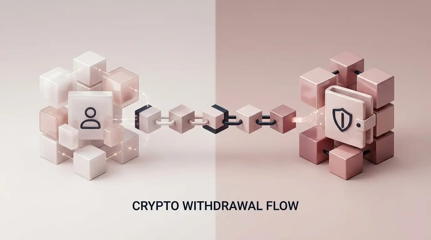 Crypto wallet and casino withdrawal flow represented by connected digital blocks