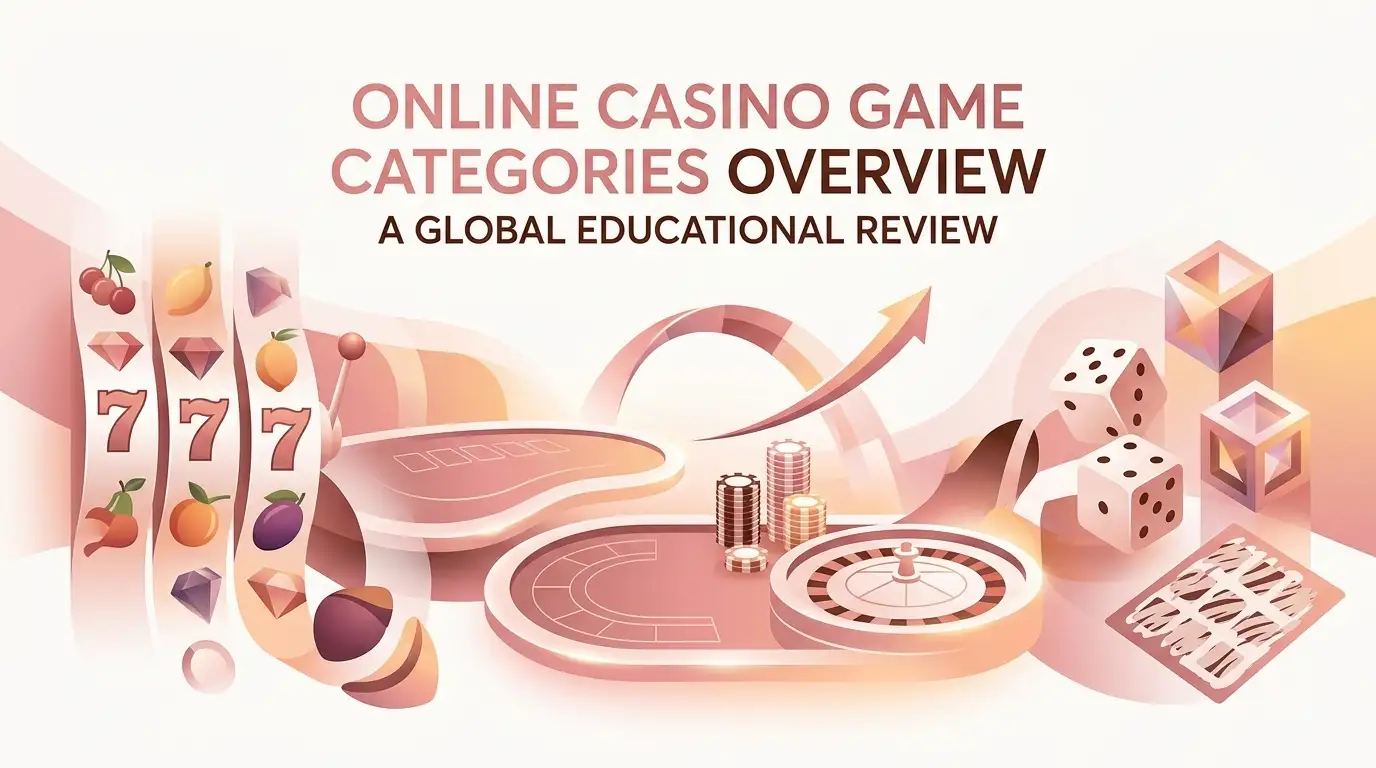 Casino game library scene with slot reels, live table elements and abstract dice graphics