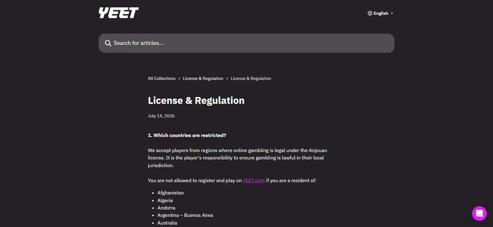 Yeet public help page showing license and regulation information