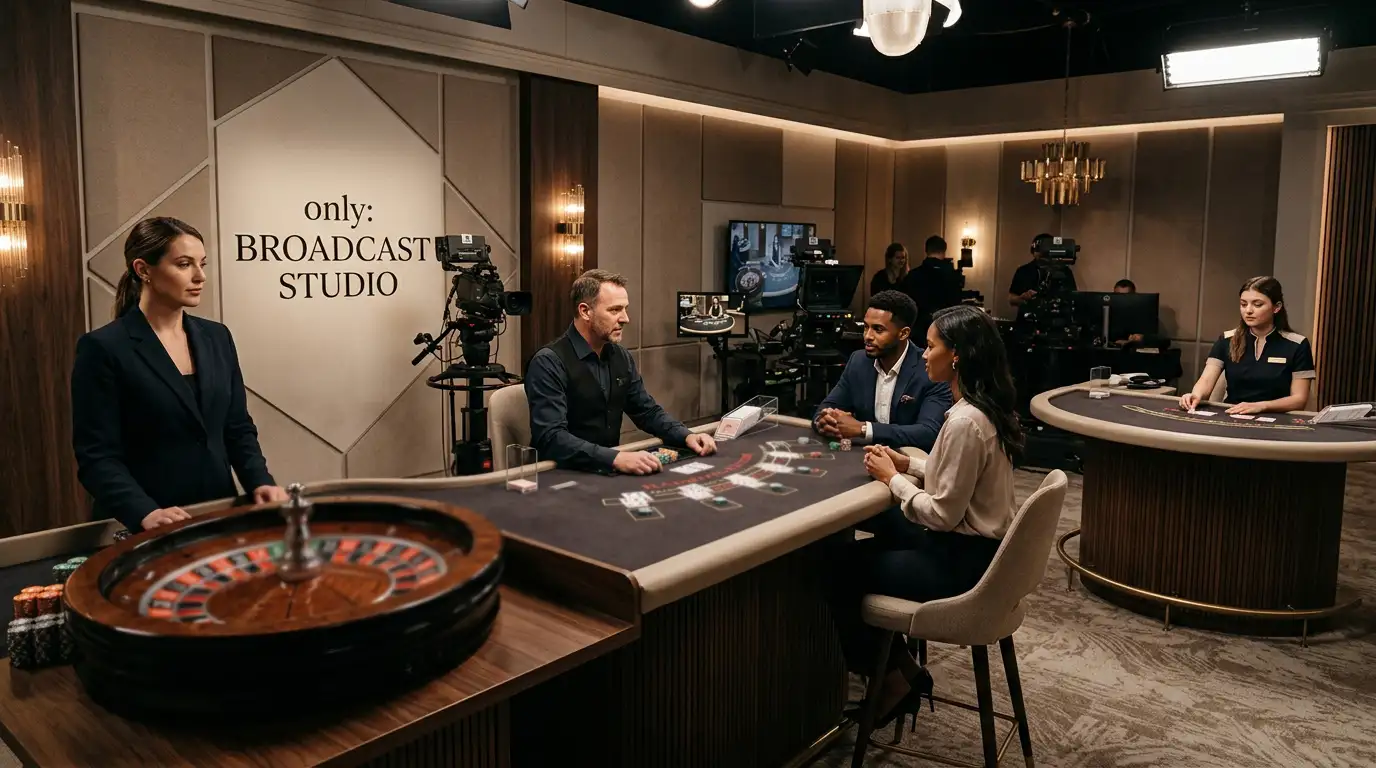 Live casino studio with gaming tables and softly lit broadcast equipment