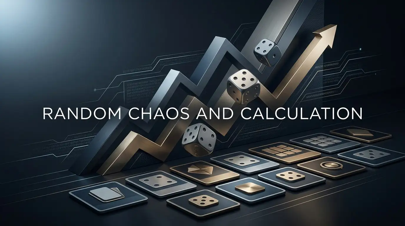 Abstract casino game scene with dice, rising graph shapes and cryptographic data patterns