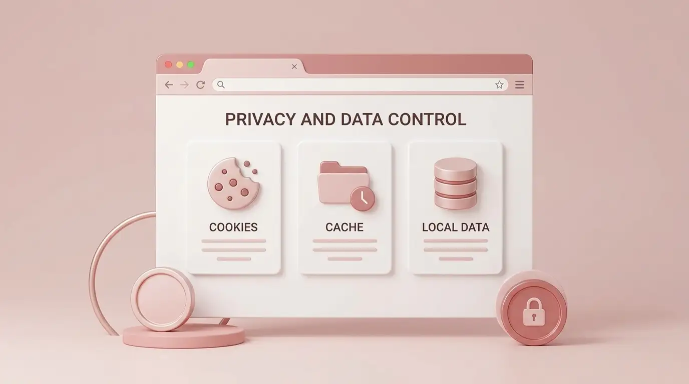 Browser privacy panel with abstract cookie and storage controls