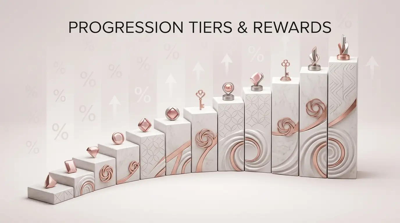 Abstract tier ladder with reward markers and turnover steps